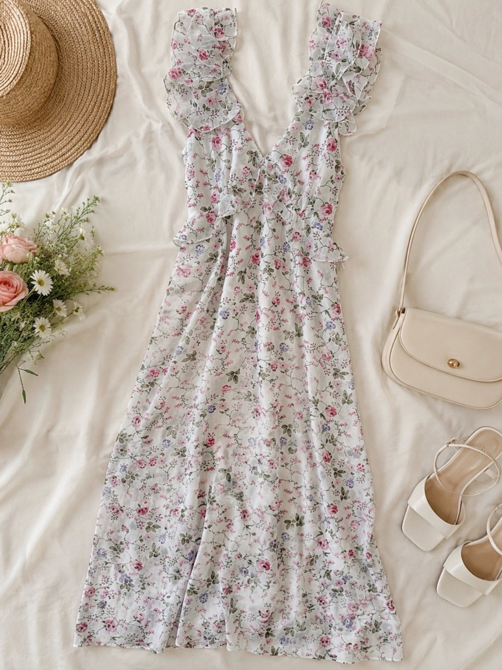 Audrey Parks Floral Ruffle V-Neck Maxi Dress in White with Pink & Green Print